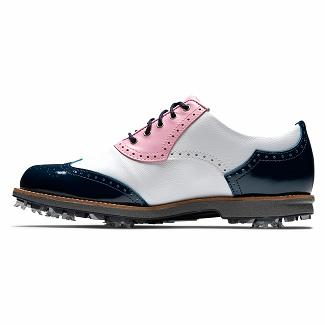 Women's Footjoy Premiere Series Spikes Golf Shoes White/Pink/Navy NZ-140989